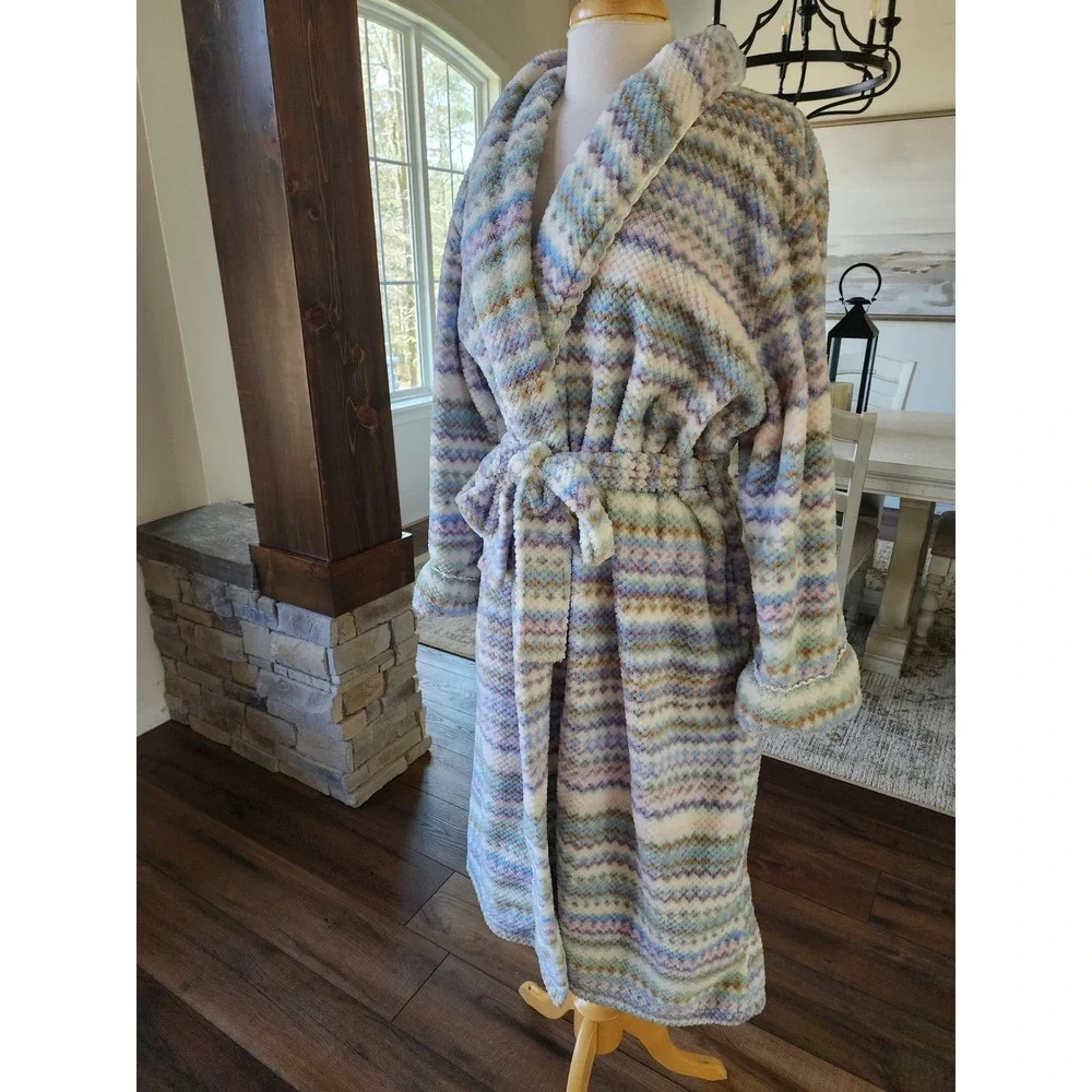 Carole Hochman Live Well Sleep Well Womens XL‎ Plush Fleece Robe Pastel Chevron